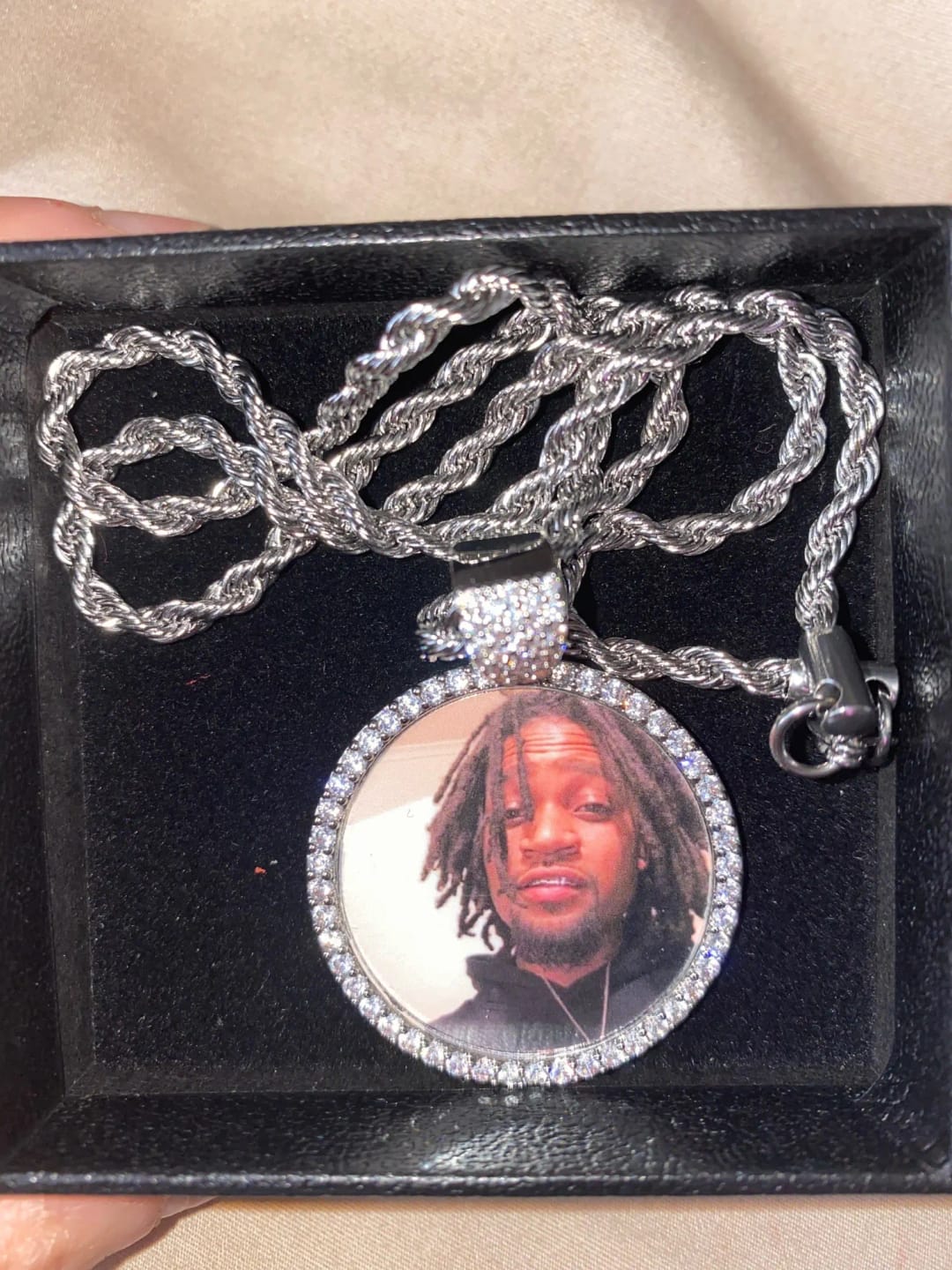 Customer photo review of Medallion Photo Necklace With Picture Inside – From Son or Daughter – Custom Personalized Pendant