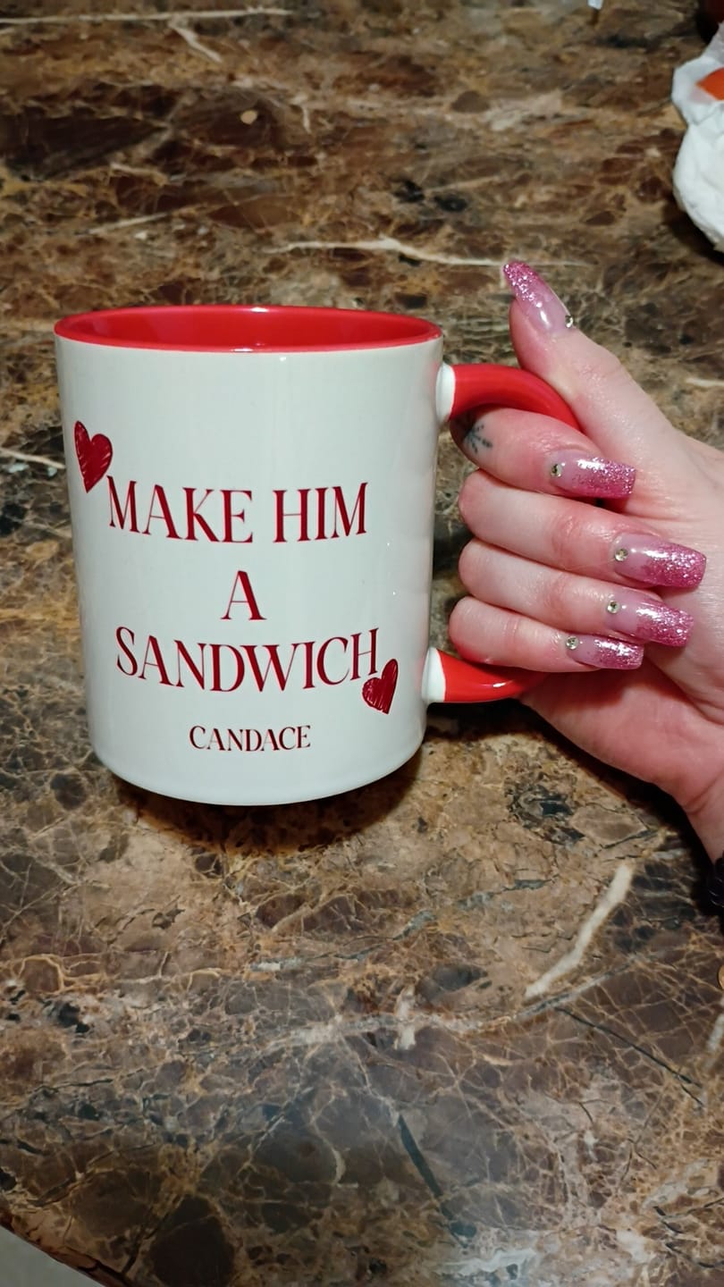 Customer photo review of Make Him A Sandwich Valentine Mug