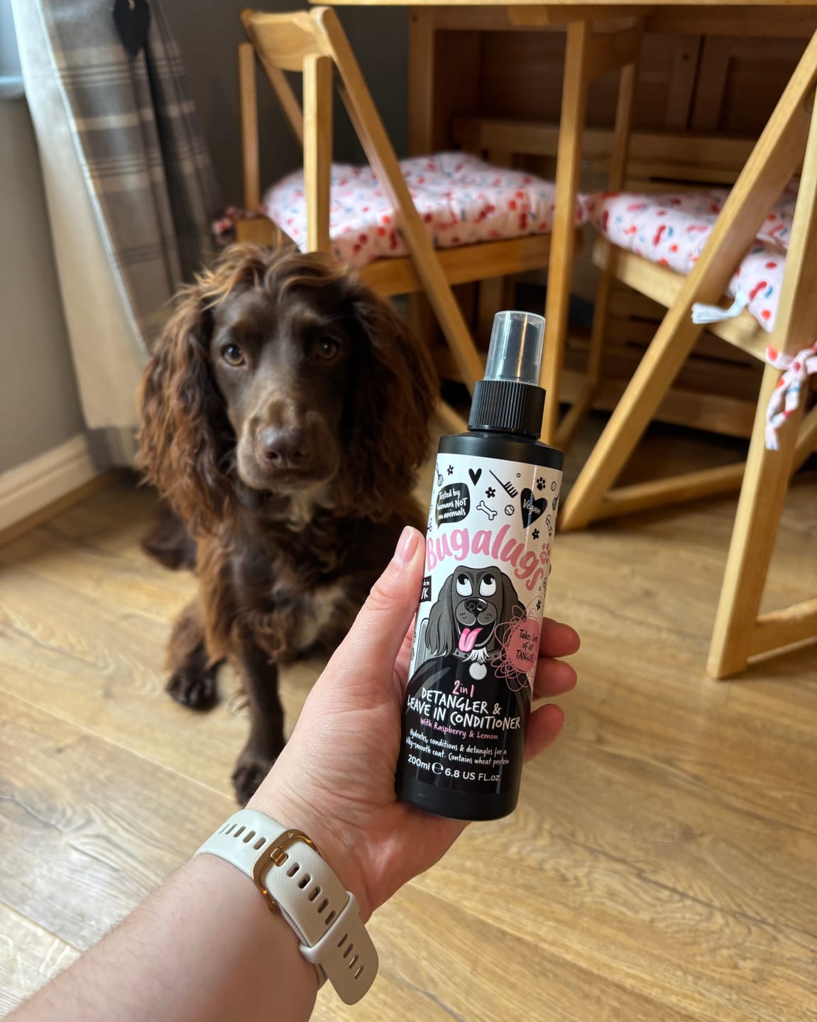 Customer photo review of 2-in-1 Detangler & Leave in Conditioner with Raspberry & Lemon for Dogs