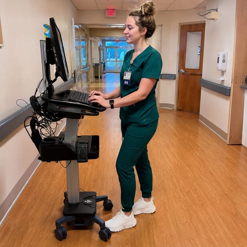 Reviewer in green scrubs wearing white Ortho Balance™ shoes while standing in a hospital hallway.