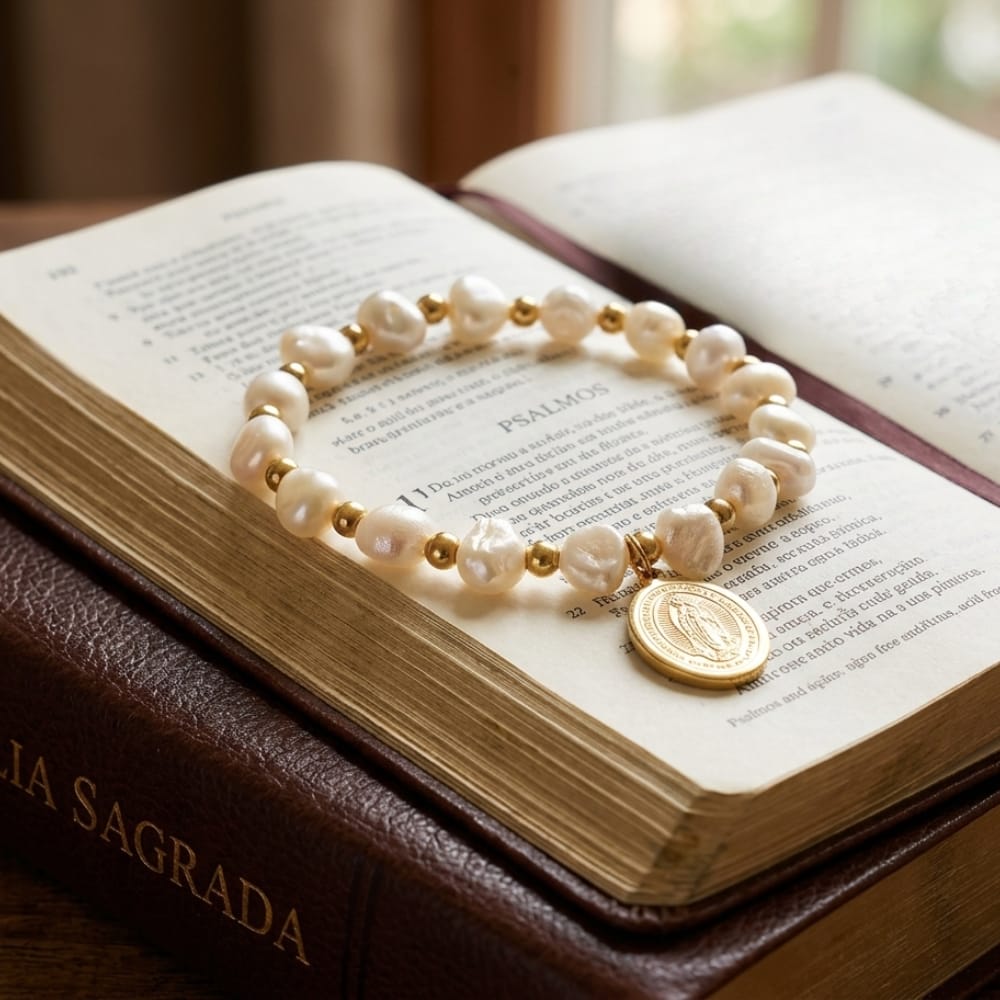 Customer photo review of Pulseira Virgem Maria - Feminina com Pérolas