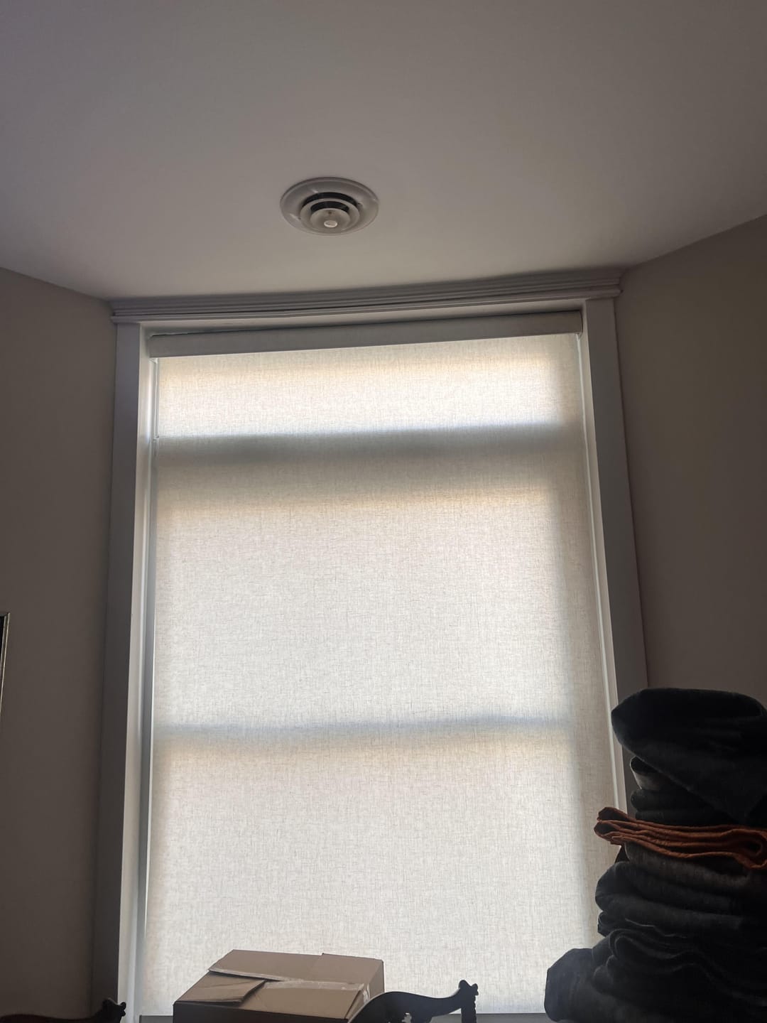 Customer photo review of Smart Motorized Light Filtering Roller Shades 70% Blackout Linen Translucent
