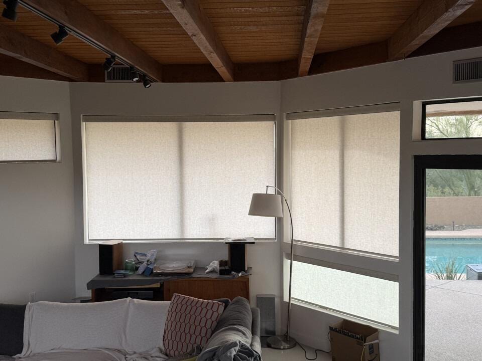 Customer photo review of Smart Motorized Light Filtering Roller Shades 70% Blackout Linen Translucent