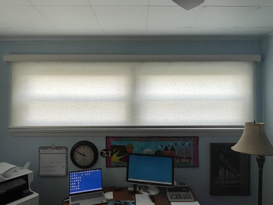 Customer photo review of Smart Motorized Light Filtering Roller Shades 70% Blackout Linen Translucent