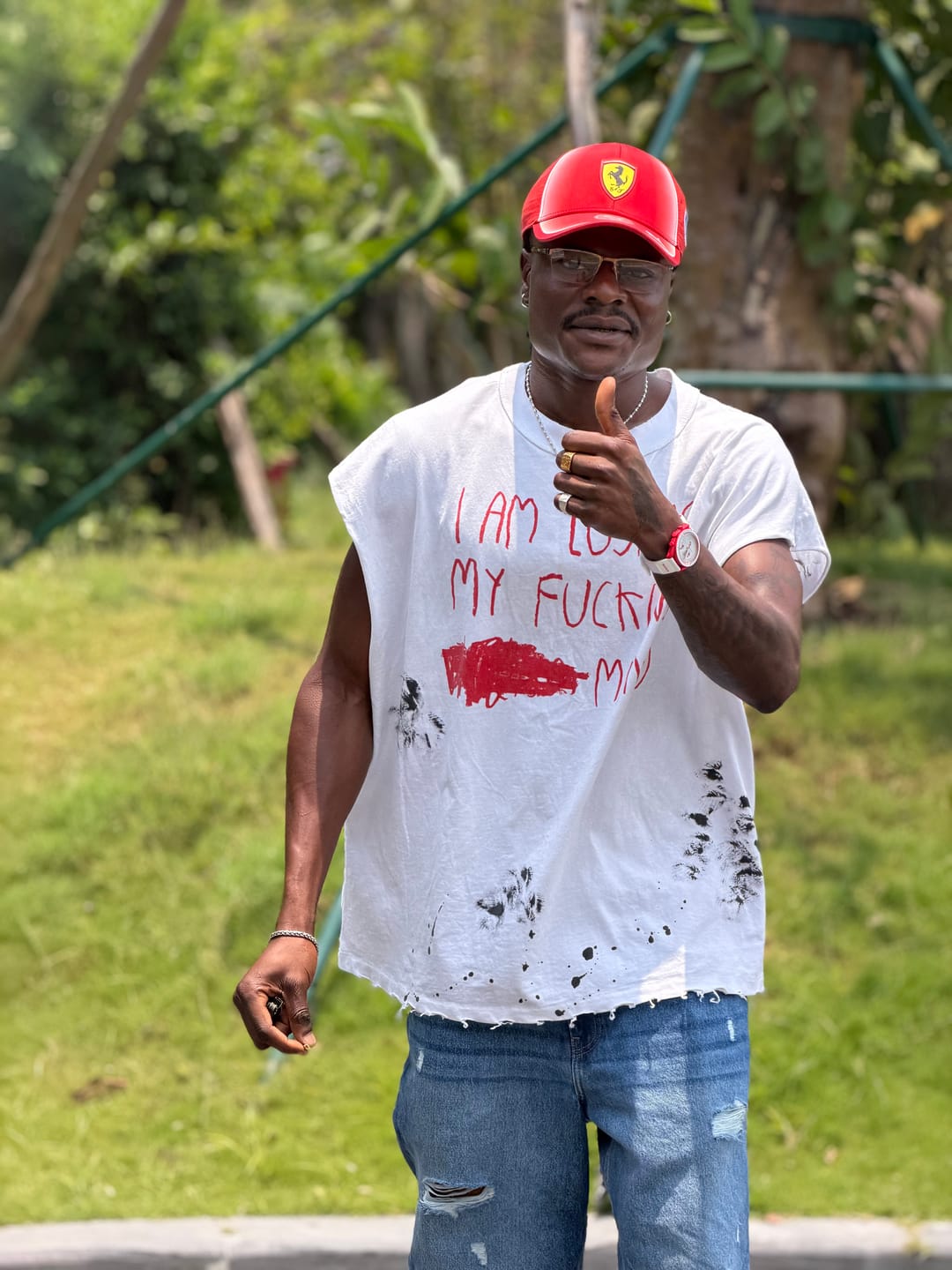 Customer photo review of Grunge Slogan Print Distressed Raw Hem Sleeveless T-Shirt - 2612