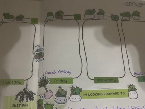 Close-up of a customer's weekly planner spread using various Cozy Plants stickers for decoration.