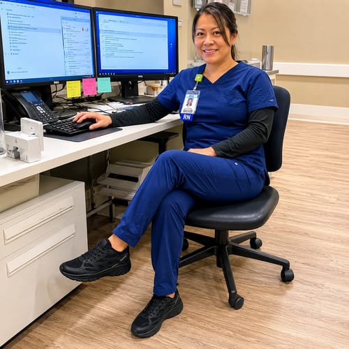 Reviewer wearing black Ortho Balance™ shoes while sitting at a desk in a healthcare setting.