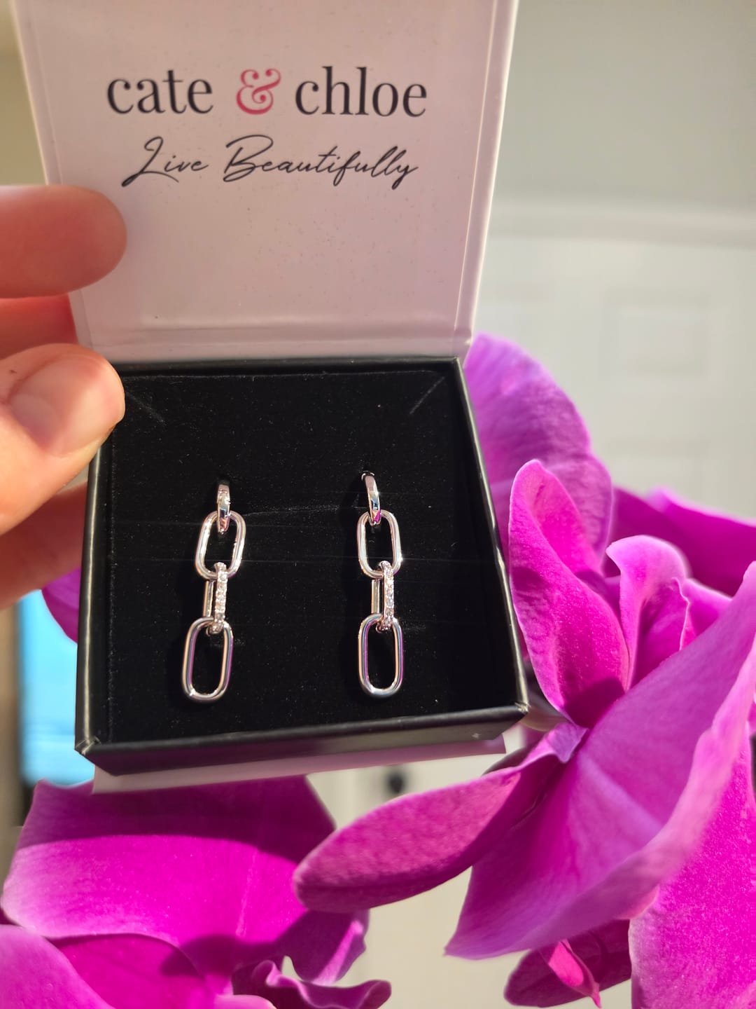 Customer photo review of Brinlee 18k White Gold Plated Chain Dangle Earrings with Swarovski Crystals for Women