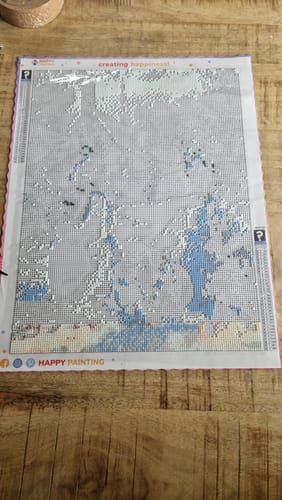 Recensent toont een gedeeltelijk ingevuld verrassings Diamond Painting-canvas op een houten ondergrond.