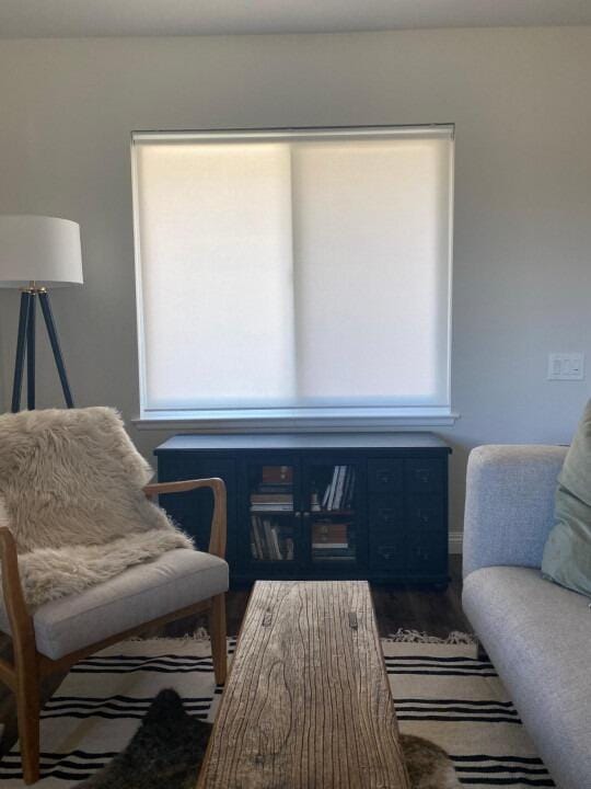 Customer photo review of Smart Motorized Light Filtering Roller Shades 70% Blackout Linen Translucent