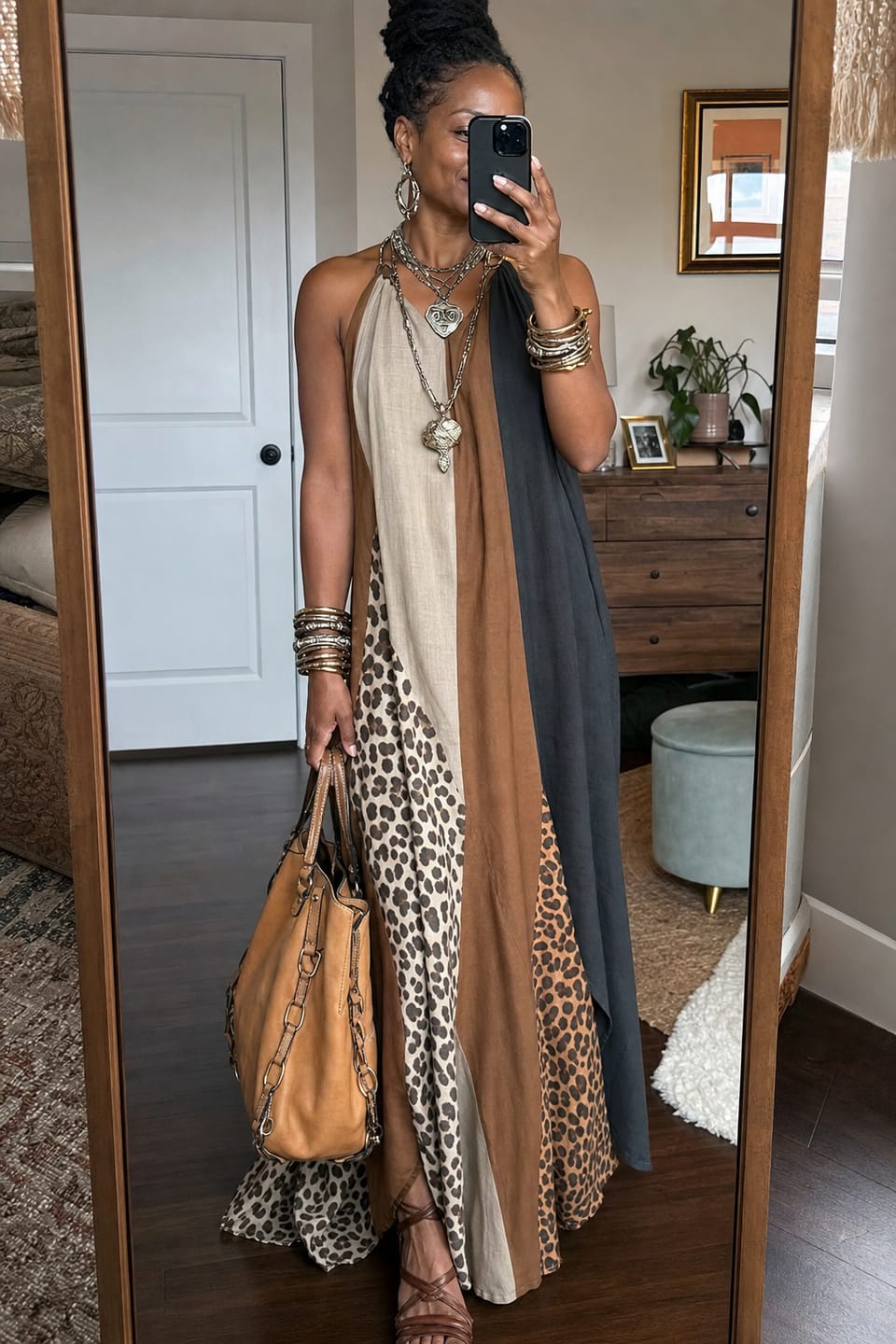 Customer photo review of Loose Sleeveless Asymmetric Contrast Color Leopard Pockets Split-Joint Halter-Neck Maxi Dresses