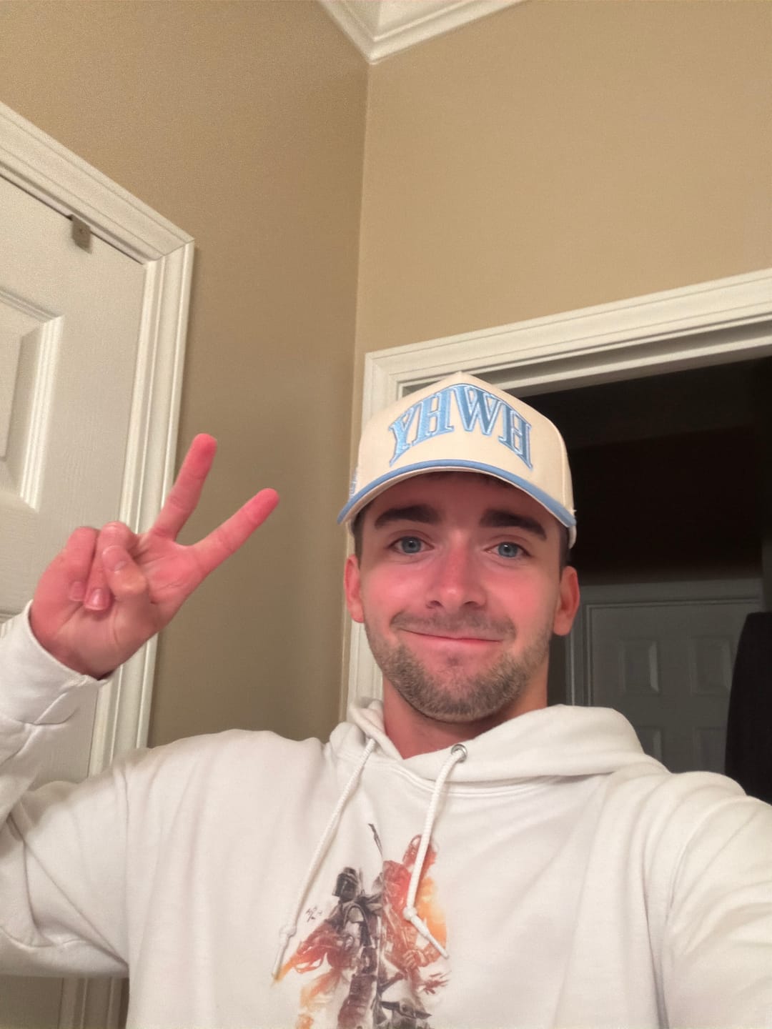 Customer photo review of ‘YHWH’ Structured SnapBack - Cream/Baby Blue