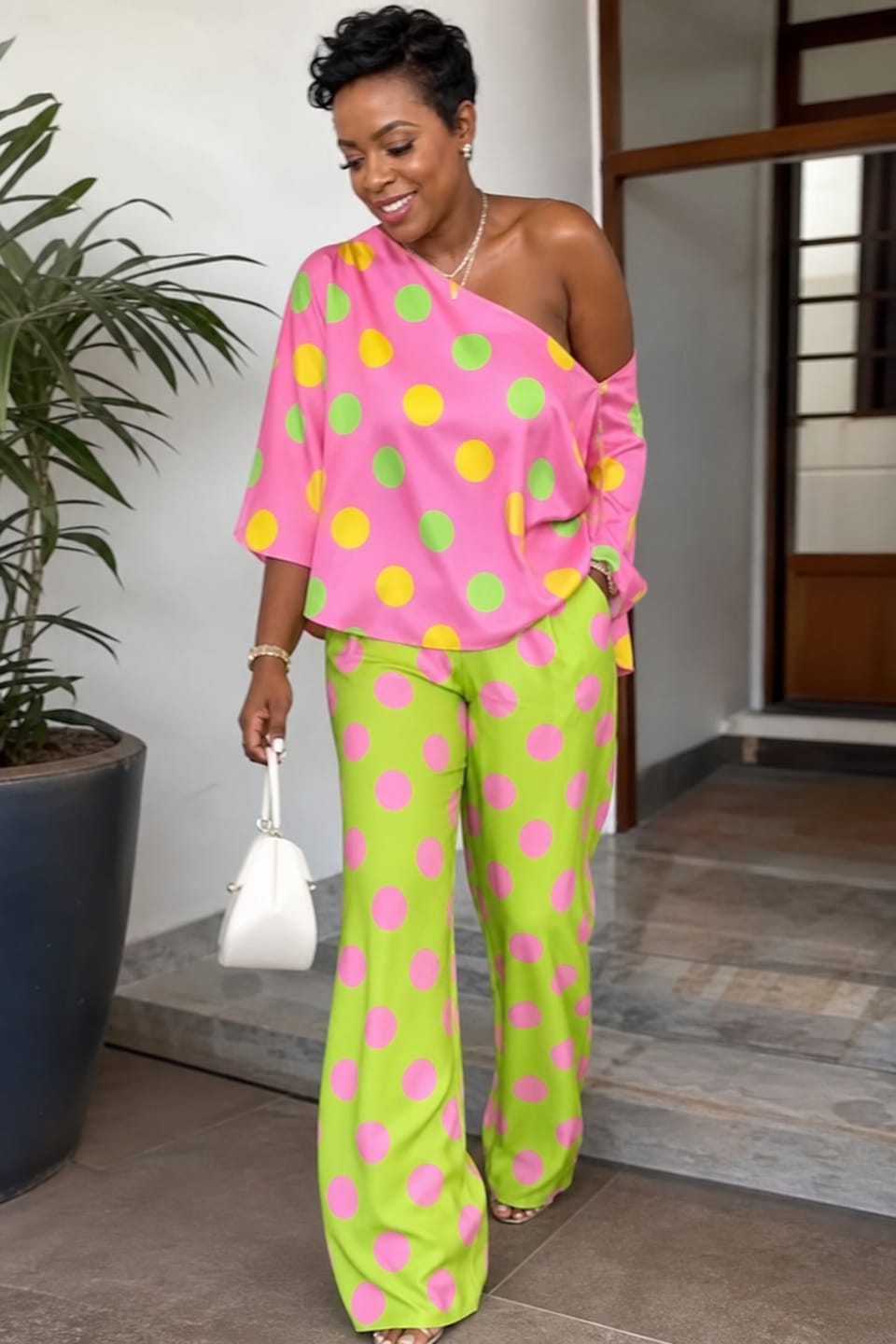 Customer photo review of Loose Wide Leg Buttoned Pockets Polka-Dot Pants Trousers