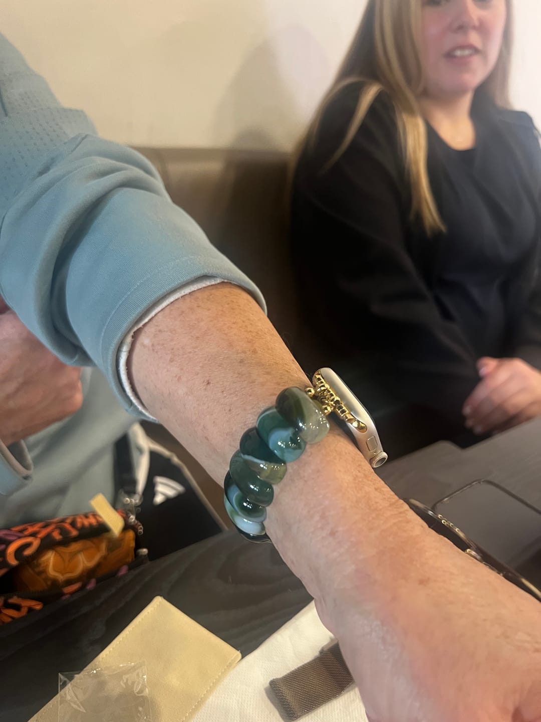 Customer photo review of Emerald Grove Agate Stretch Apple Watch Strap