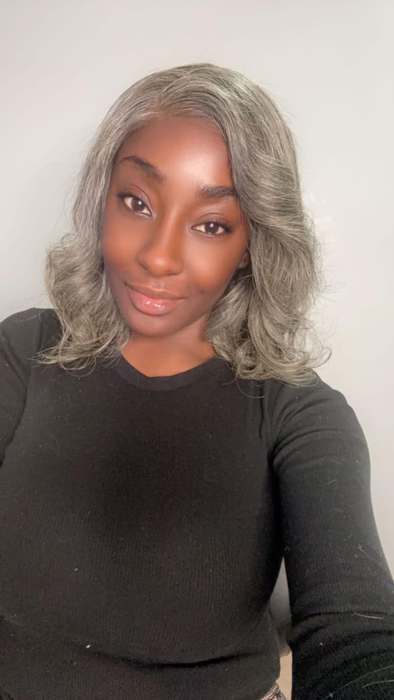 Customer photo review of Luvwin 13x4 Salt & Pepper Casual Wave Glueless Bob Wig 100% Human Hair
