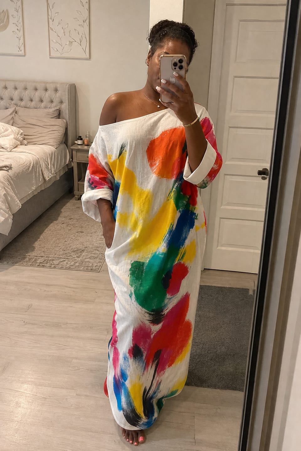 Customer photo review of Long Sleeves Loose Asymmetric Contrast Color Pockets Printed One-Shoulder Maxi Dresses
