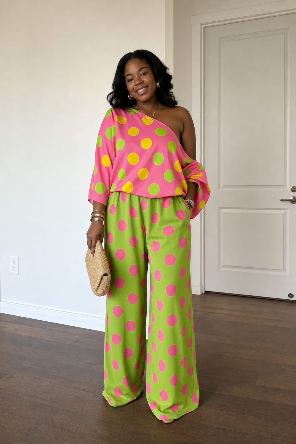 Customer photo review of Loose Wide Leg Buttoned Pockets Polka-Dot Pants Trousers