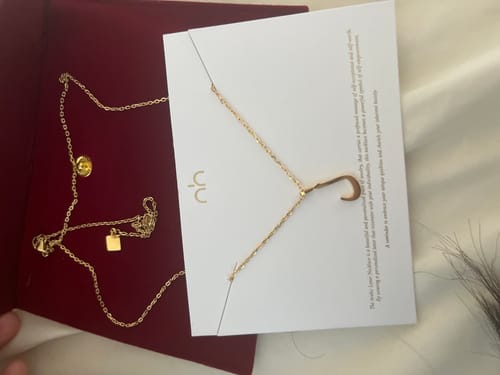 Reviewer's gold Arabic Letter Necklace displayed on a white card inside its red packaging box.