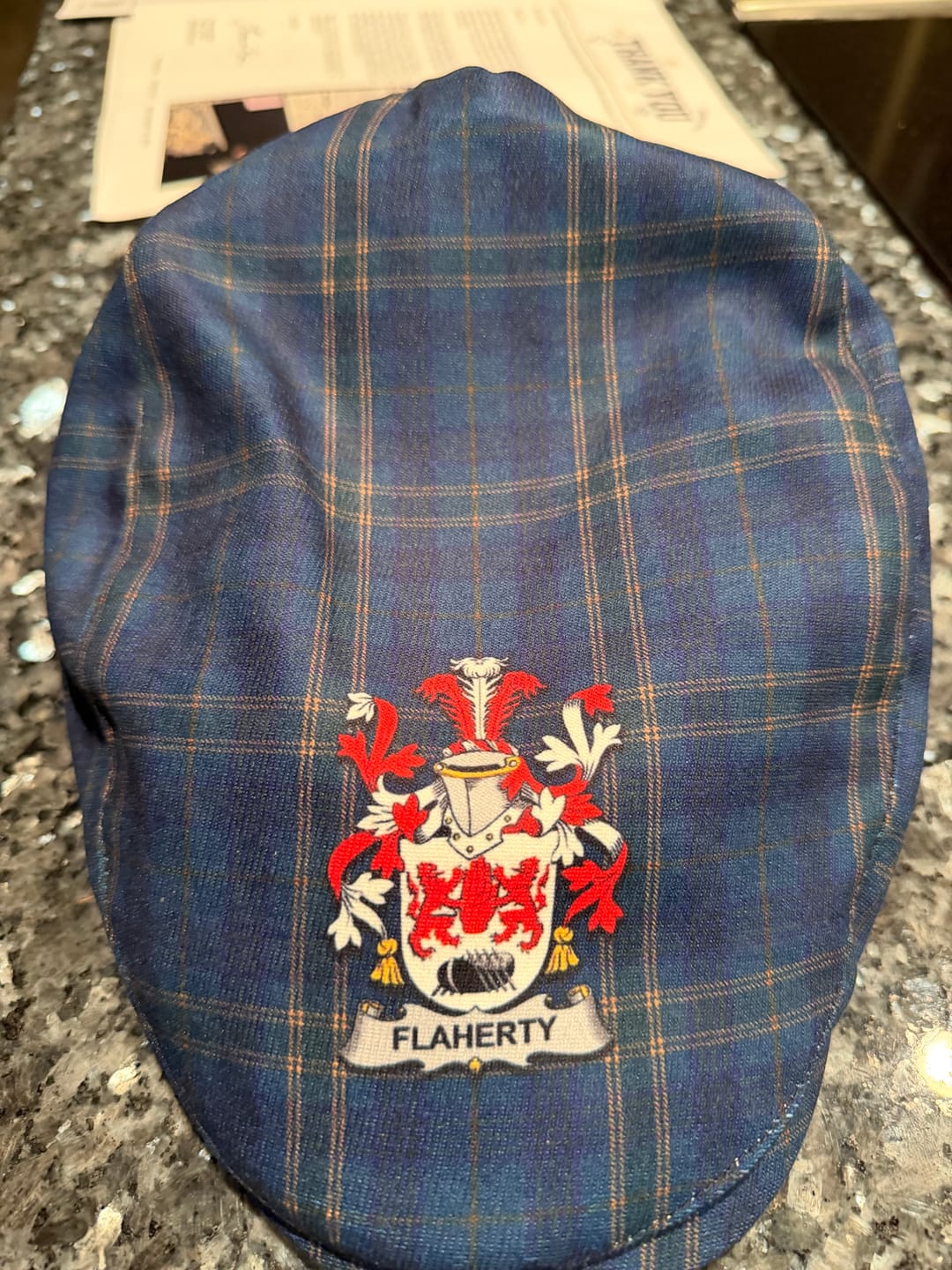 Customer photo review of Flaherty Irish Clan Tartan Jeff Cap, Tartan Flat Cap with Coat of Arm