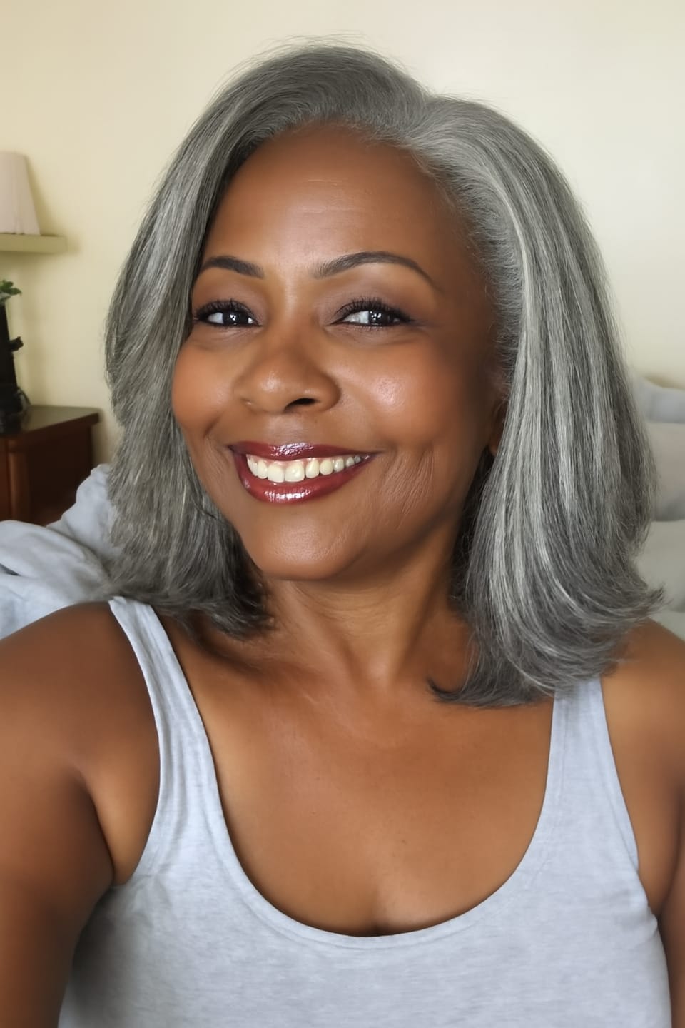 Customer photo review of Luvwin 5x5 Salt And Pepper Glueless Gray Color Pre-Cut Lace Straight Bob Wig For Black Women
