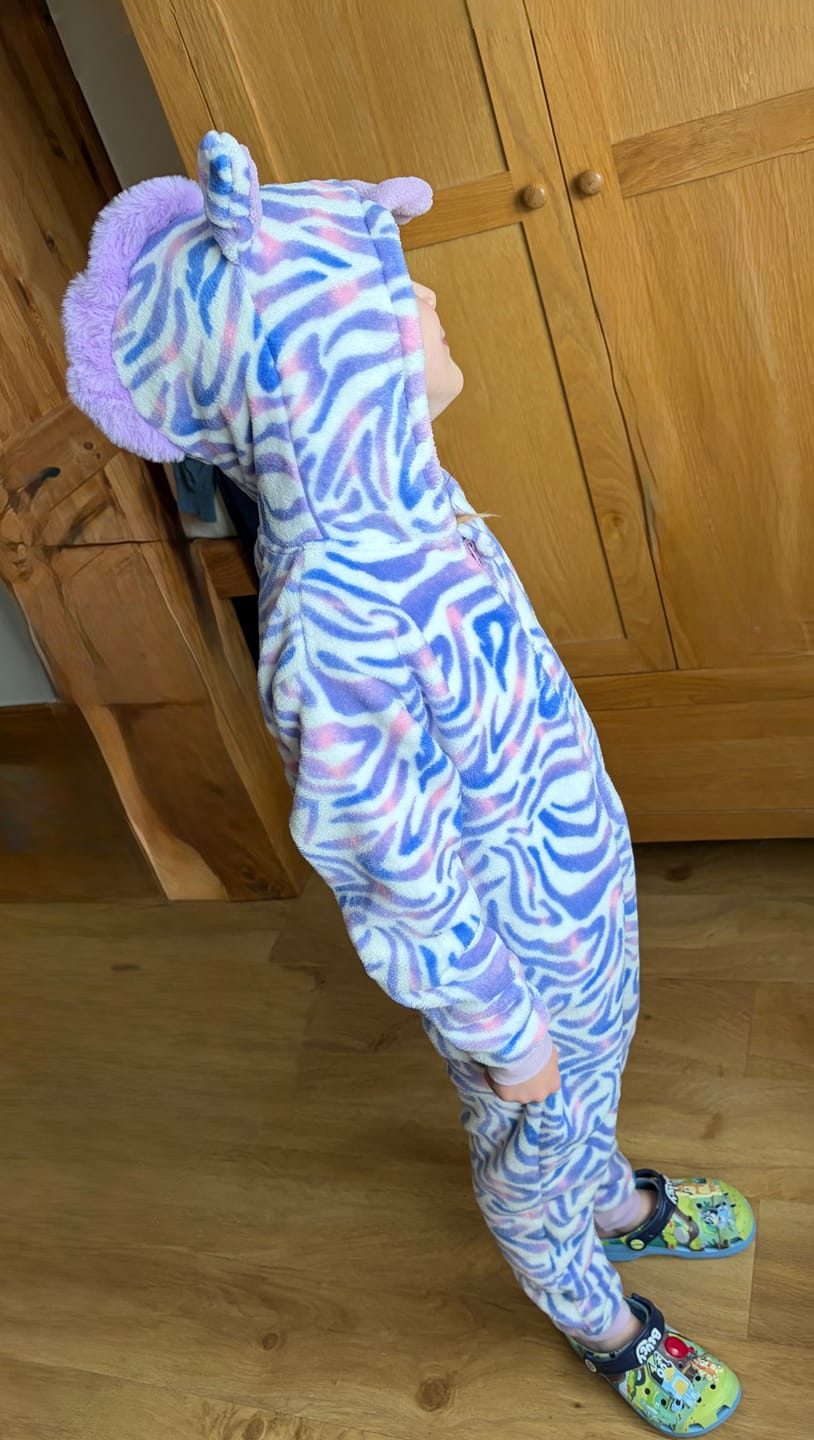 Customer photo review of Kids Lilac Fleece Tie Dye Zebra Onesie
