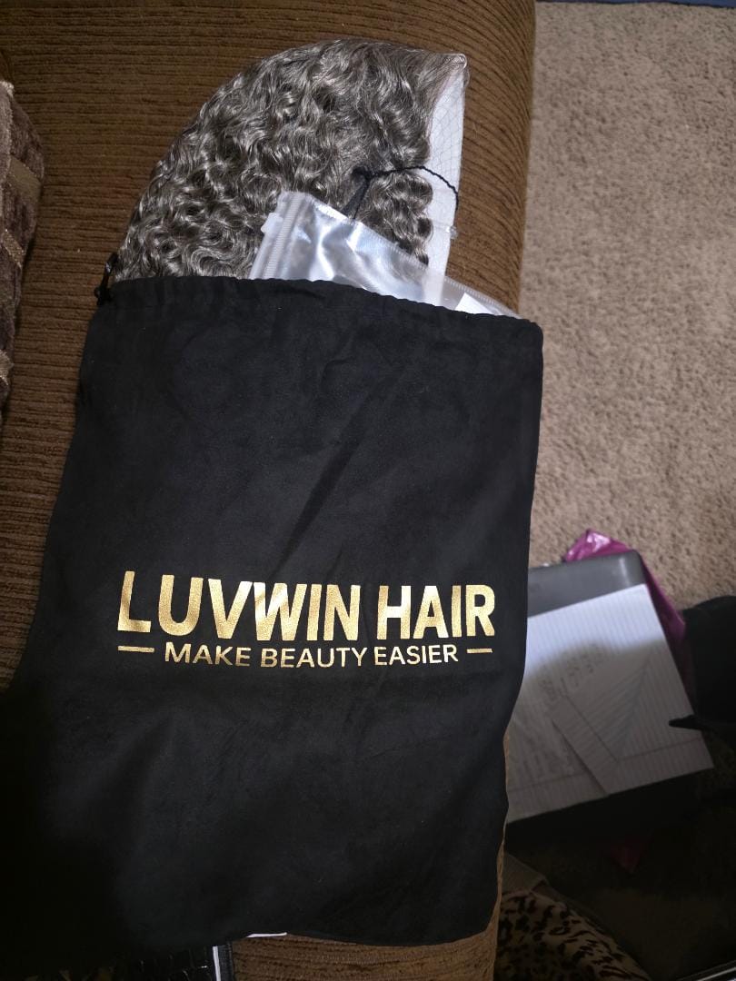 Customer photo review of Luvwin 5x5 Deep Curly Salt And Pepper Glueless Gray Color Pre-Cut Lace Bob Wig