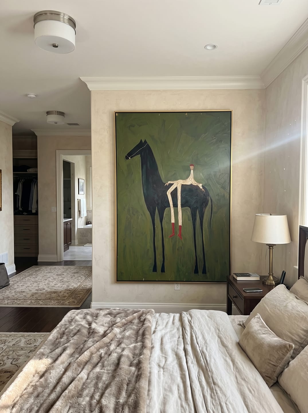 Customer photo review of The Solitary Dreamer – Surrealistic Black Horse & Red Boots Painting | Modern Minimalist Living Room Art