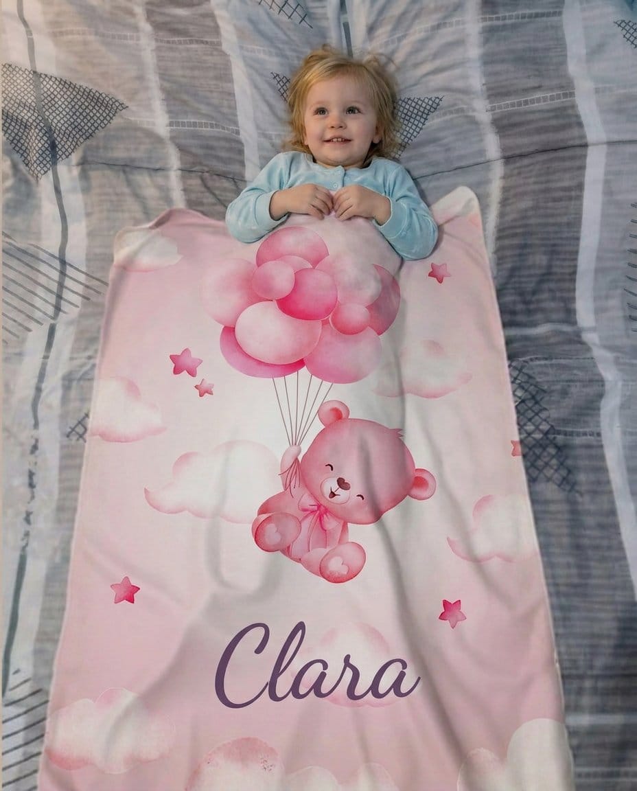 Customer photo review of Baby Girl Blanket - "Happy Pink Bear" with Custom Name