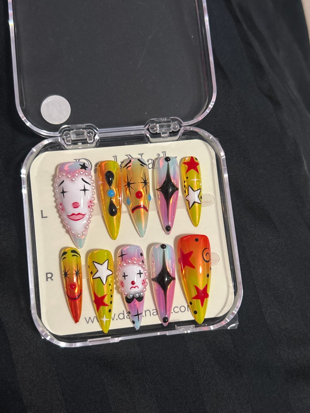 Customer photo review of Neon Circus Clown Press-On Nails – Colorful Harlequin Fake Nails