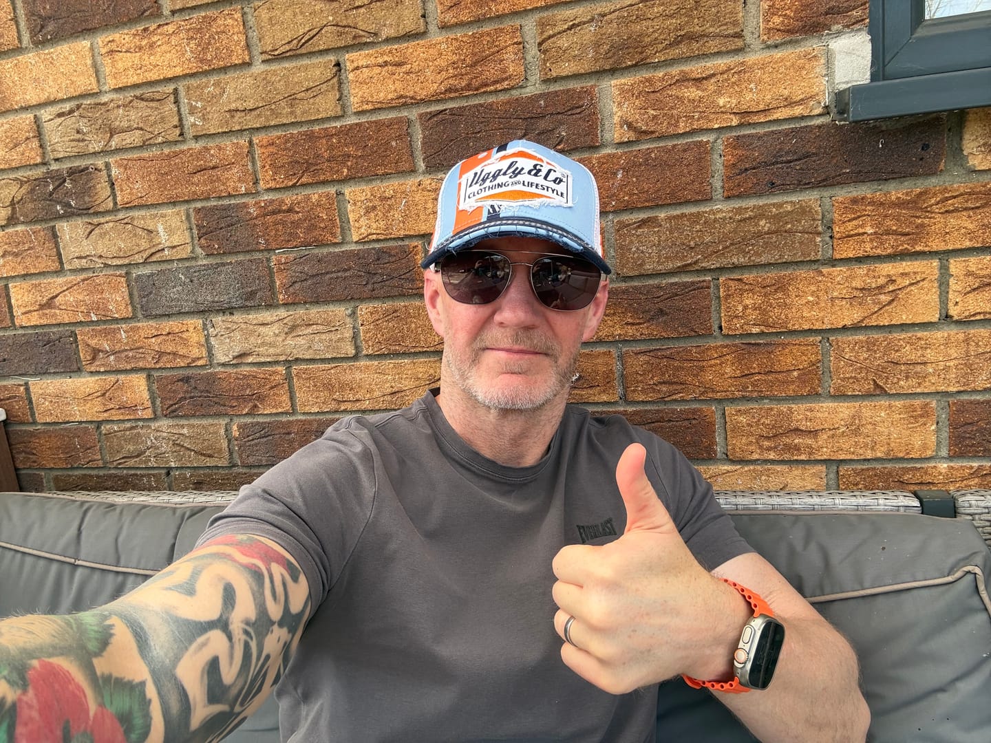 Customer photo review of Retro Blue & Orange Diamond Trucker Hat