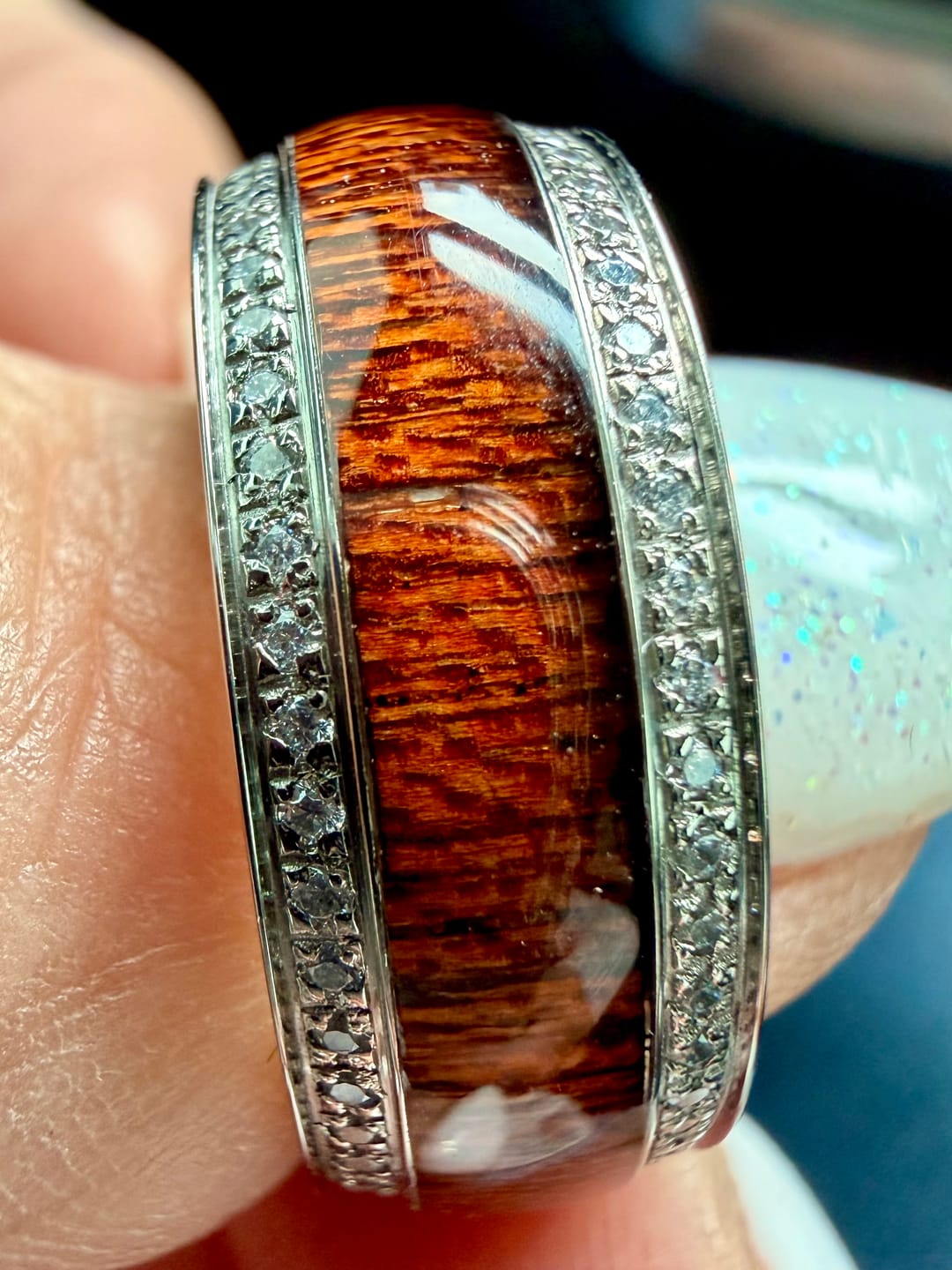 Customer photo review of 8mm - Mens Titanium Wedding Band W/ Koa wood and diamonds