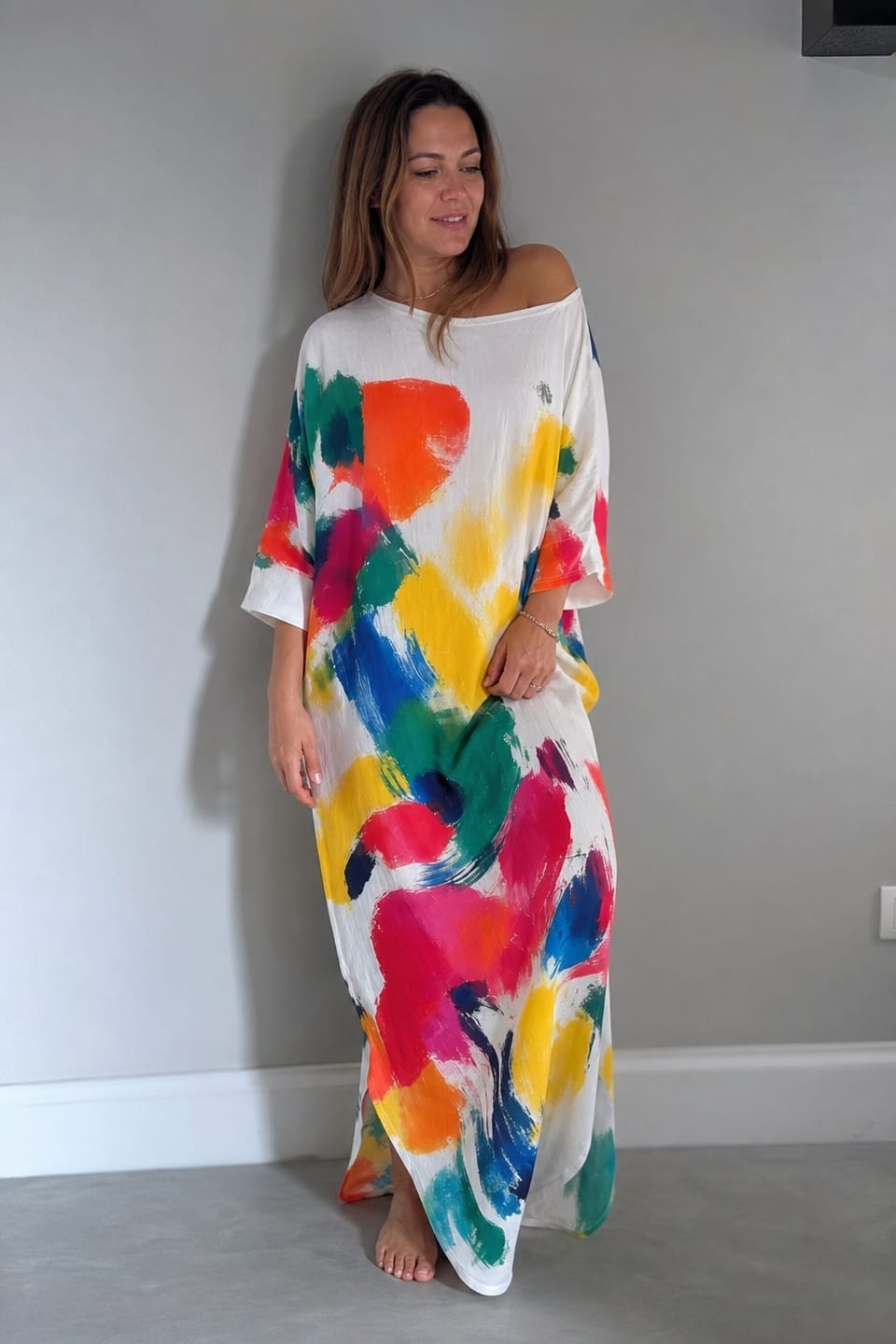 Customer photo review of Long Sleeves Loose Asymmetric Contrast Color Pockets Printed One-Shoulder Maxi Dresses