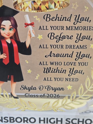 Close-up of the reviewer's acrylic block plaque showing the personalized name, year, and inspirational quote.