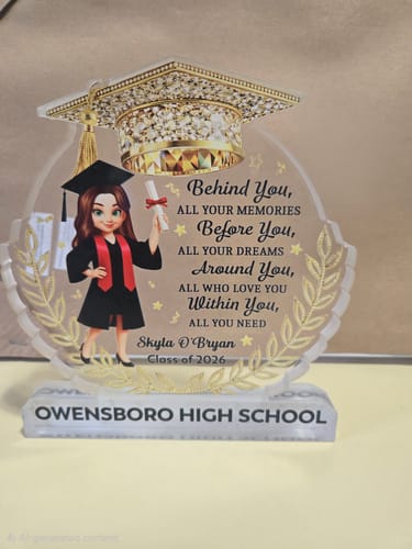 Reviewer's personalized acrylic block plaque showing a graduate illustration, inspirational quote, custom name, and school.