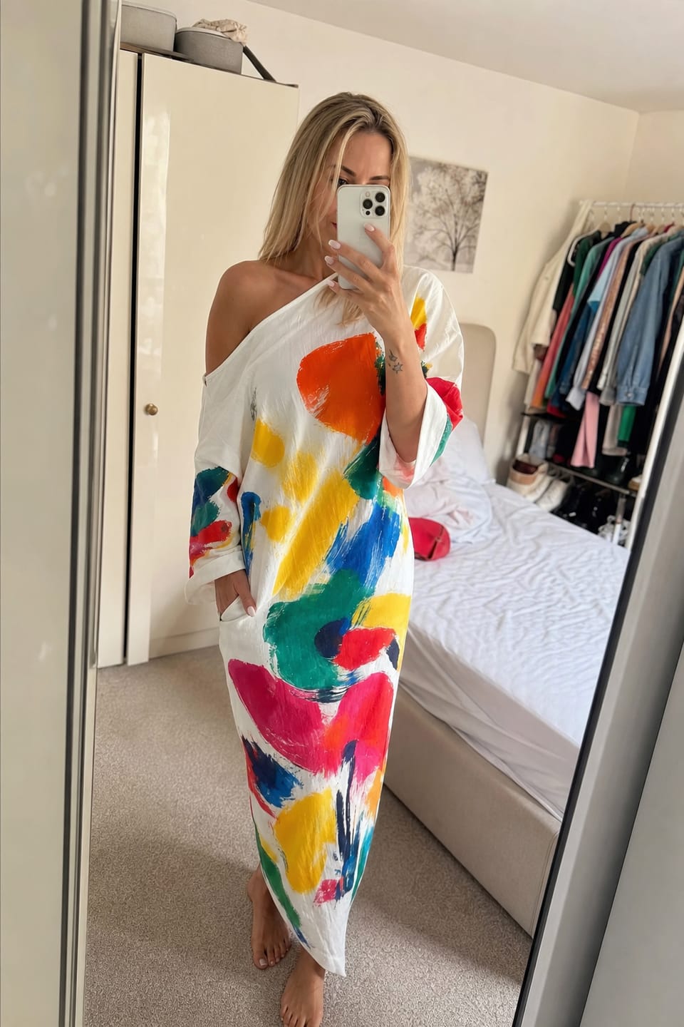 Customer photo review of Long Sleeves Loose Asymmetric Contrast Color Pockets Printed One-Shoulder Maxi Dresses