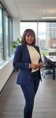 Reviewer wearing the Model Model Klio Full Wig, a straight, dark bob with bangs, while standing in an office setting.