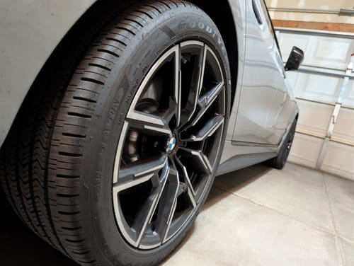 Customer's BMW wheel flush with the car's body after installing the wheel spacers.