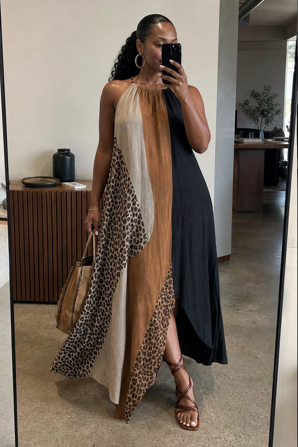 Customer photo review of Loose Sleeveless Asymmetric Contrast Color Leopard Pockets Split-Joint Halter-Neck Maxi Dresses