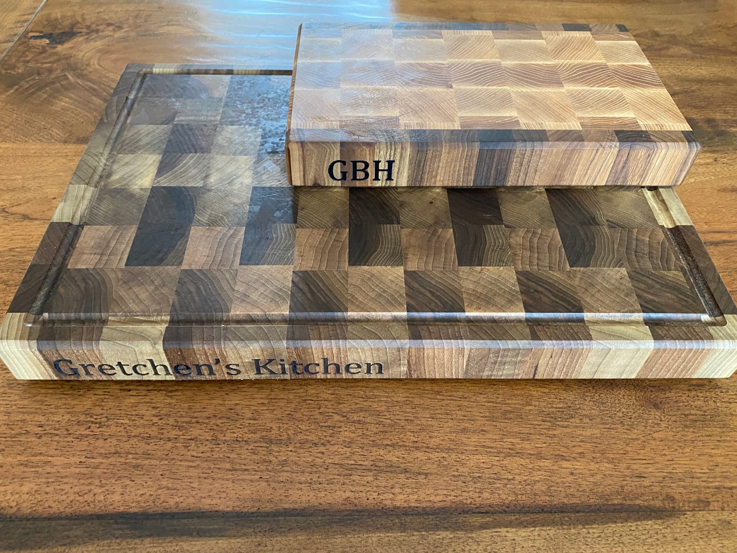 Customer photo review of Personalized Double-sided Walnut and Cherry End Grain Cutting Board