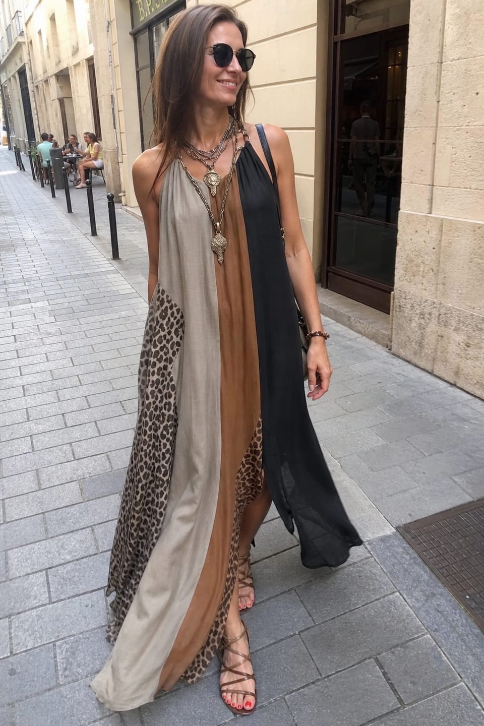 Customer photo review of Loose Sleeveless Asymmetric Contrast Color Leopard Pockets Split-Joint Halter-Neck Maxi Dresses