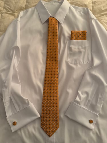 Customer photo review of Orange Plaid Tie Pocket Square Cufflinks Set