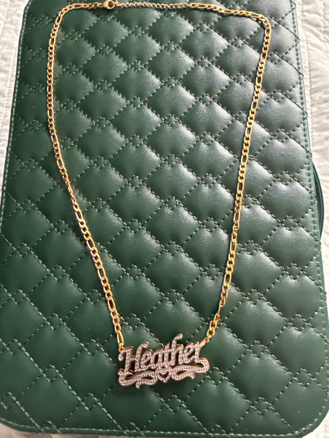 Customer photo review of Double Plated Heart Title Name Necklace w/ Figaro Chain