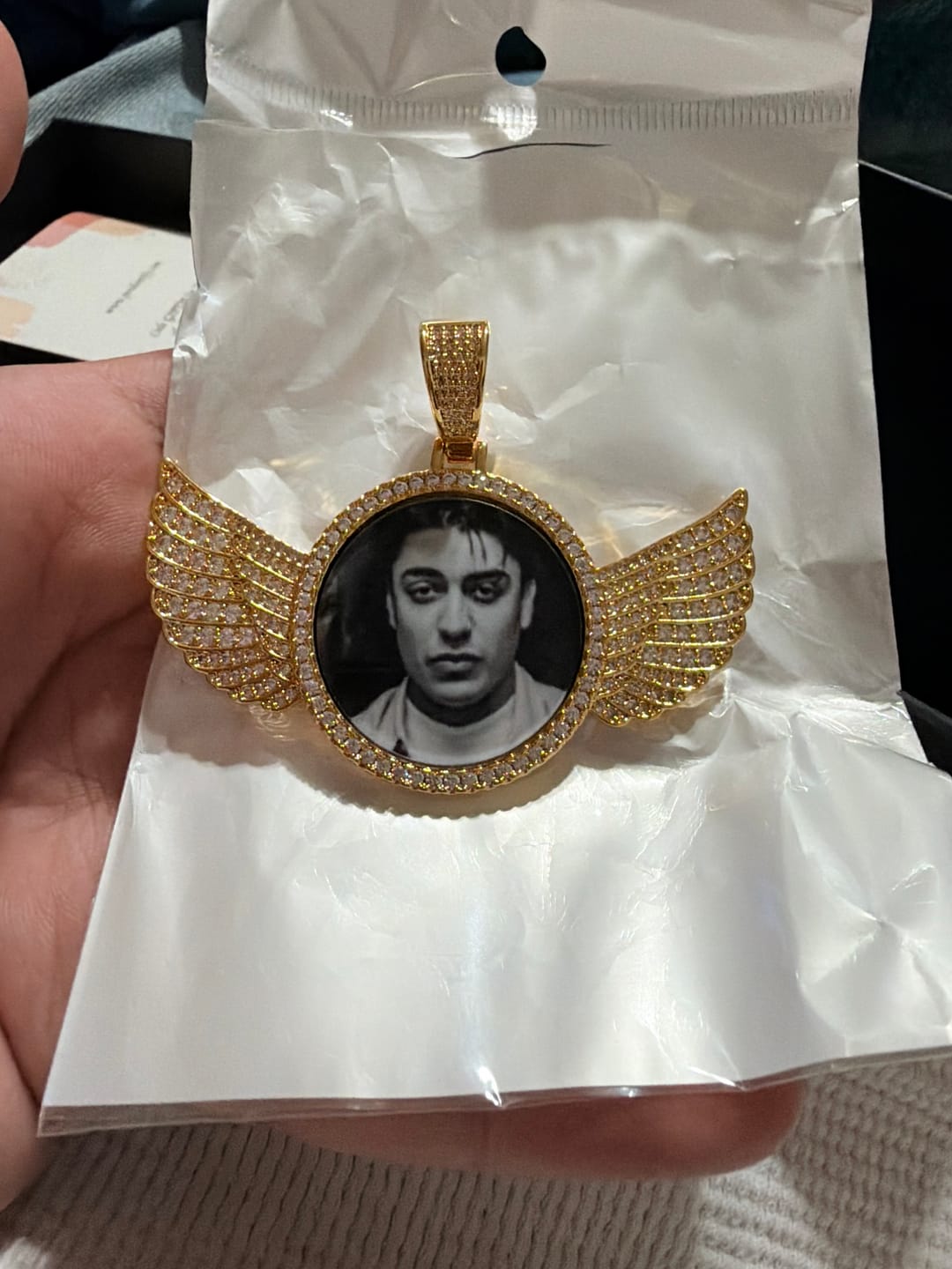 Customer photo review of Diamond Studded Angel Wing Photo Necklace