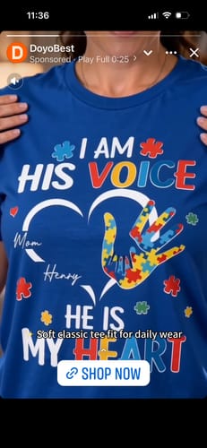Customer wearing the blue 'I'm His Voice He's My Heart' personalized shirt, showing the colorful design.