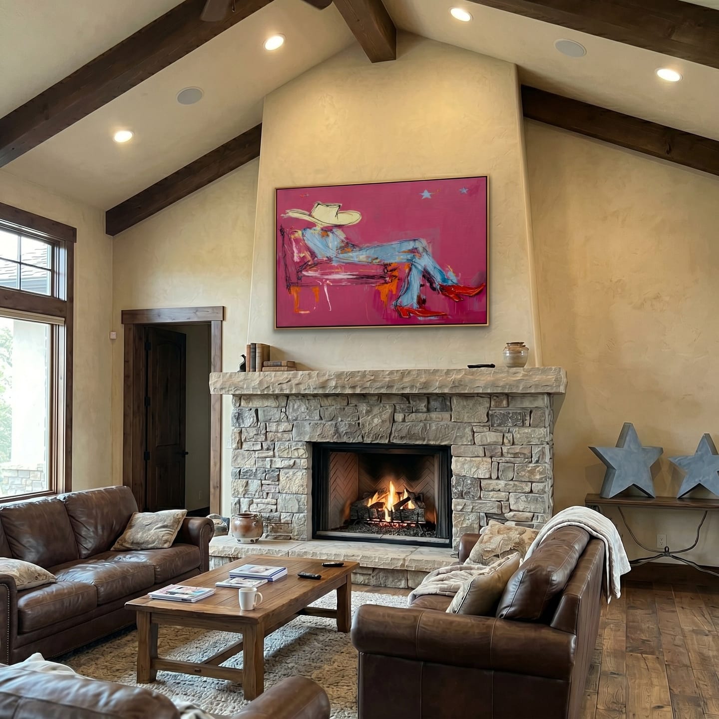 Customer photo review of Neon Midnight Rider – Pop Art Pink Cowboy & Red Boots Painting | Avant-Garde Eclectic Living Room Art