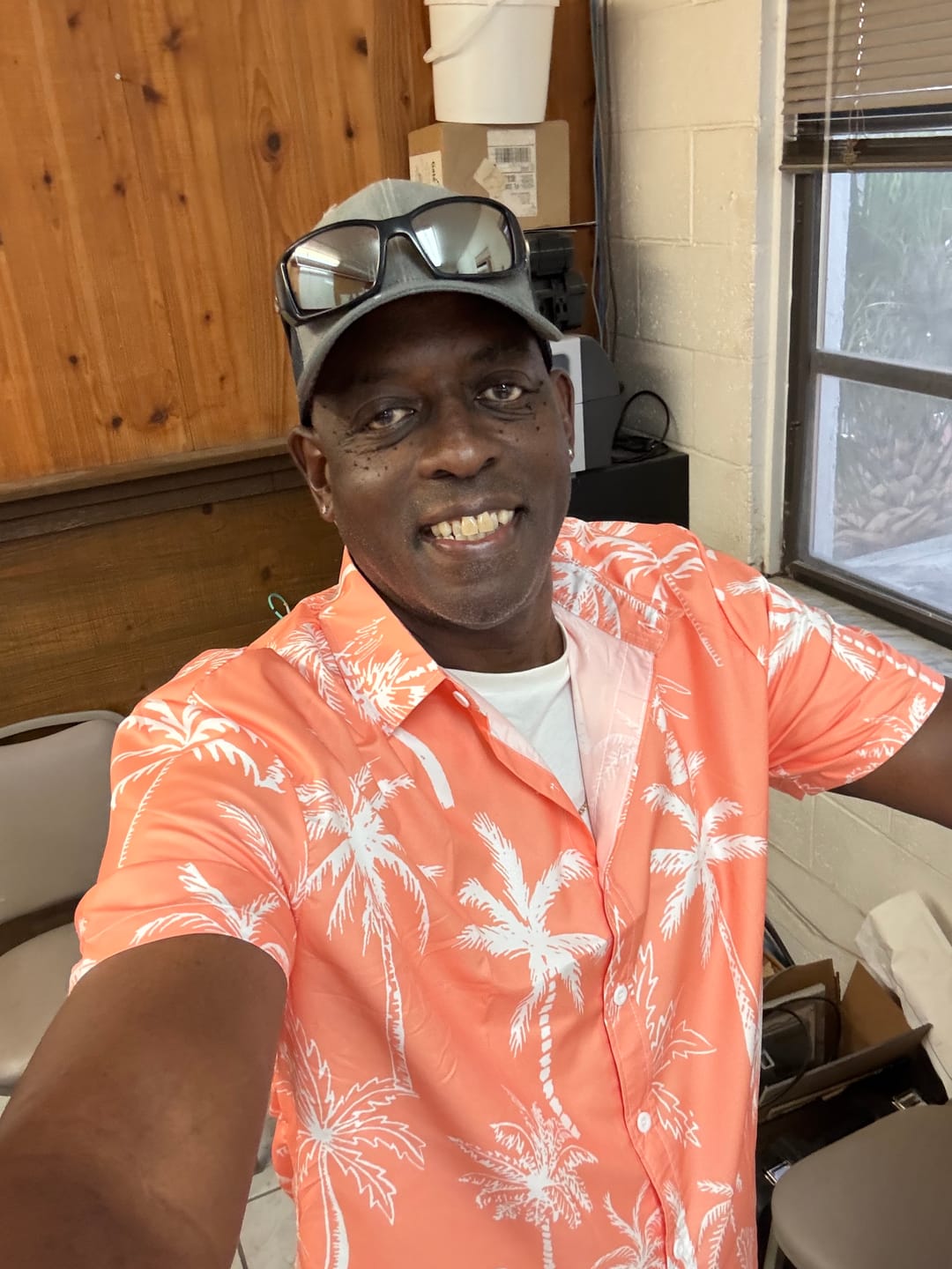 Customer photo review of Palm Tree Print Button Up Shirt