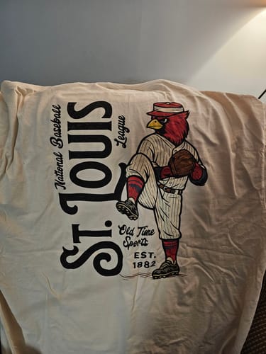 Customer shows the back of their Old Time St. Louis Baseball T-Shirt with a large, vintage cardinal graphic.