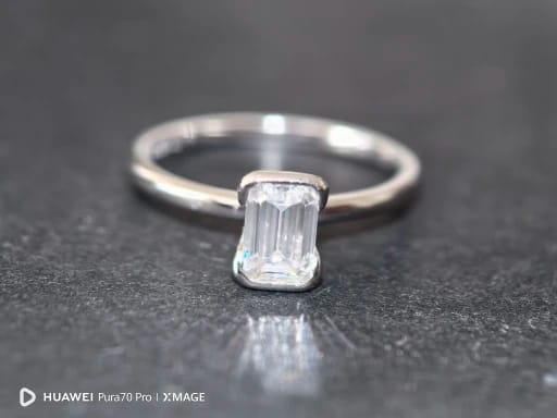 Customer photo review of Petite Emerald Cut Moissanite Ring