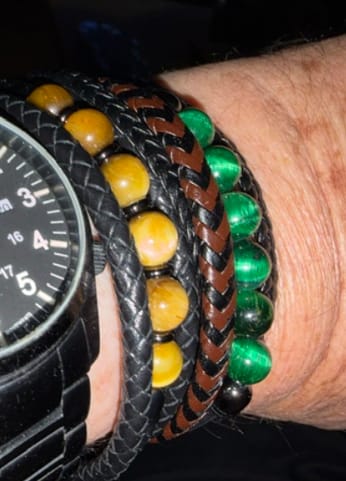 Customer photo review of Buddha Stones Tiger Eye Lava Rock Hematite Black Onyx Bead Positive Leather Bracelet
