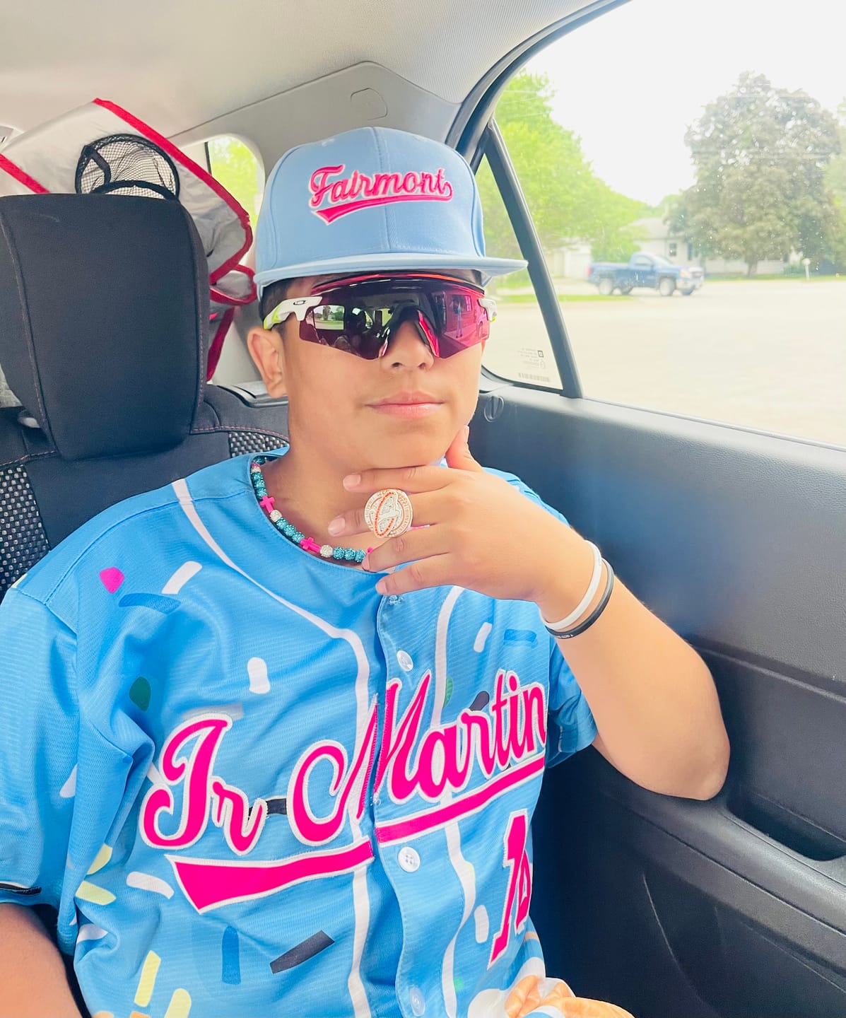 Customer photo review of Custom Powder Blue Ice Cream Cone Graffiti Pattern Fashion Authentic Baseball Jersey